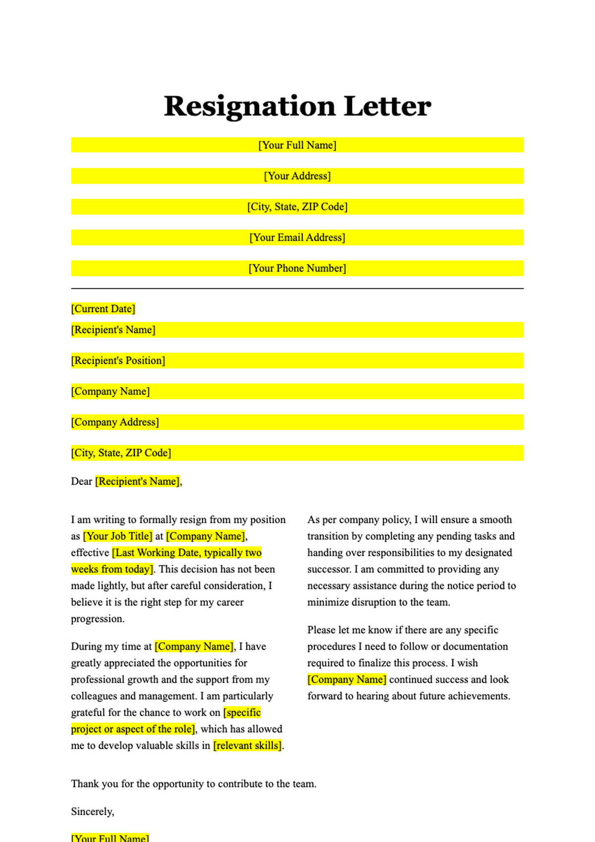 Formal resignation letter template with placeholder fields and orange accent design_variant_3